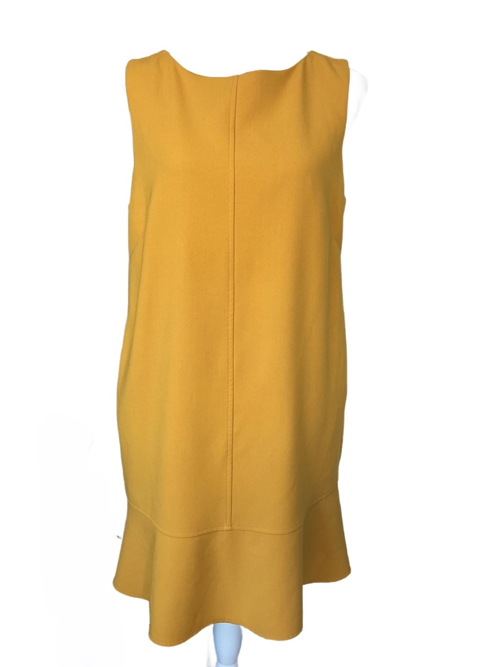 Alex Marie Sleeveless Mustard Yellow Sheath Dress with Flounce Hem, Leopard Trim